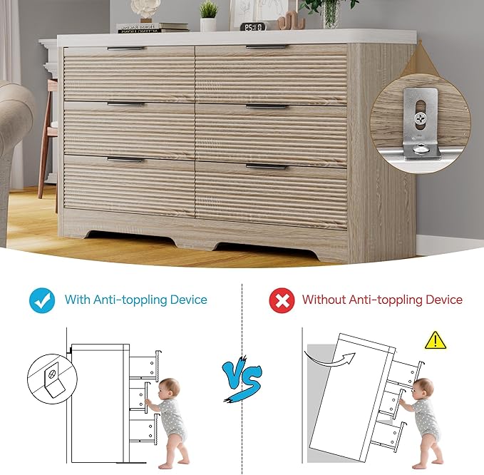 FUSUNBAO Fluted 6 Drawer Dresser, Modern Wood Dresser for Bedroom,TV Stand,Thickened Curved Profile Design,Bedroom,Entryway,Wood Drawer Organizer(Natural Oak)
