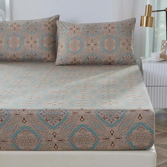 Brandream Paisley Bed Sheets Queen Size Boho Luxury Bedding Bohemian Damask Medallion Sheet Set 800TC Egyptian Cotton Sateen Deep Pocket, 4 Piece, Taupe