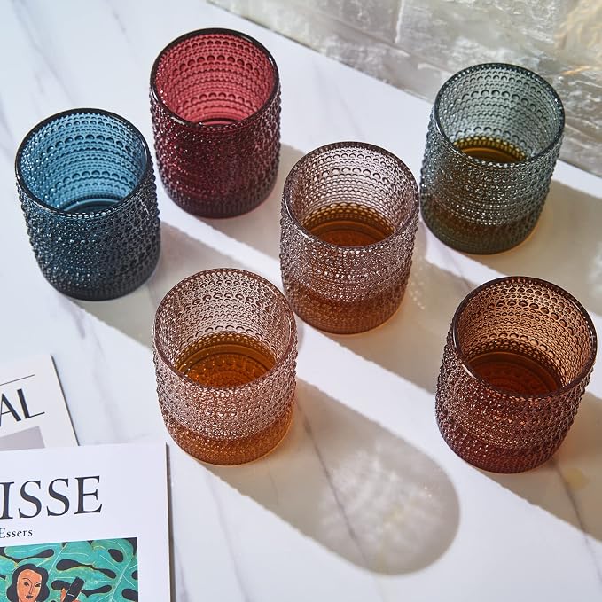 Champaign Beige Hobnail Drinking Tumbler | Set of 6 | 11 OZ Bubble Design Vintage Glassware, Beverage Glasses Bubble Water, Wine, Old Fashioned Cocktail, Whiskey Rocks Glass Cup, Elegant Glassware