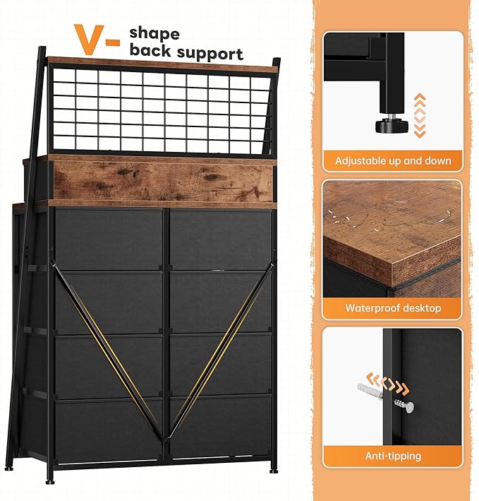 EnHomee 51" H Dresser for Bedroom with LED, 11 Drawer Dresser with Wire Grid Panels & Open Shelves for Entryway, Dorm, Rustic Brown, 11.8" D x 33.9" W x 51.2" H