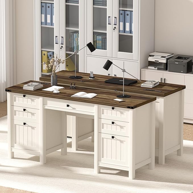 Executive Desk, Modern Farmhouse Computer Desk with Drawers & Cabinet, Home Office Desk for Work Study Writing Workspace (White, 62")