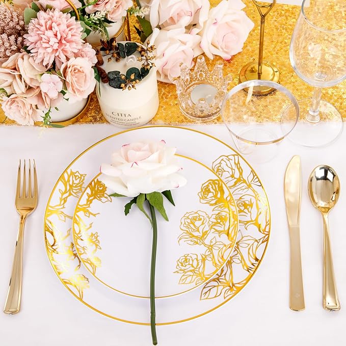 DaYammi 210Pcs White Gold Plastic Plates for Party,Gold Disposable Dinnerware Set Includes 60 gold floral plates,30 plastic Silverware,30 Per Rolled Napkins,30 Plastic Cups for Christmas Party Wedding