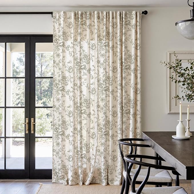 jinachan Linen Floral Curtains 100 Inch Extra Wide for Patio Sliding Glass Door Room Divider Curtain for Living Room 96 Inch Length Farmhouse Peony Christmas Green Printed Curtain Set 1 Panel
