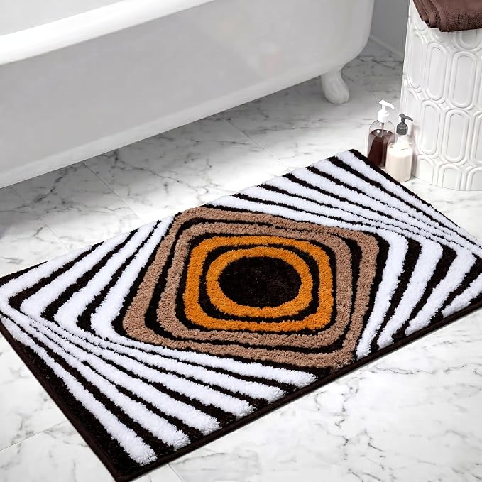 Microfiber Funky Bath Mat, Non Slip Absorbent High Pile Tufted Bath Rug with 3D Striped Pattern, Small Shower Rug for Bathroom Sink, Toilet, Tub, Machine Washable, 16"x24", Brown