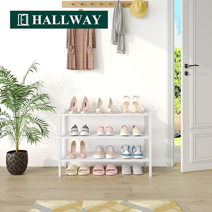 Smiry Bamboo Shoe Rack, 3 Tier Shoe Organizer for Entryway & Closet, Stackable Free Standing Storage Shelf for Shoes, Bags & Plants, White