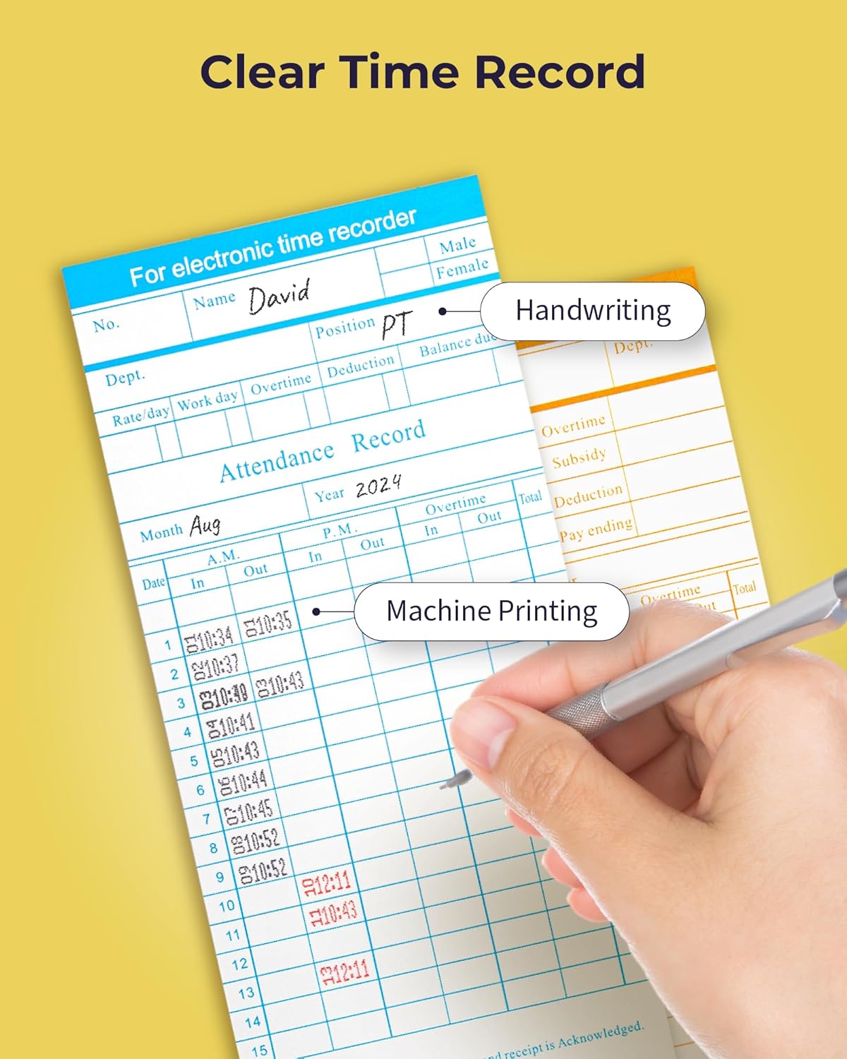Volcora Time Cards - 100 Pack Two-Sided Timecards for Employees | 7.4 x 3.4 Inches, Overtime Tracking