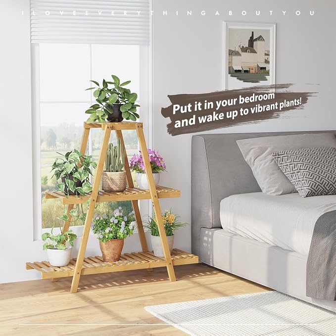 STDDRE Plant Stand For Indoor Outdoor Tiered Plant Shelf 3 Tier 8 Potted Bamboo Flower Holder Ladder Rack For Multiple Triangle Table Plant Pot Stand (Natural)