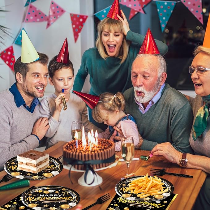 48pcs Retirement Party Decoration Set,16 Dessert plate,16 Napkin And 16 Fork,16 persons Black Gold Disposable tableware,Black Gold Retirement Party Supplies