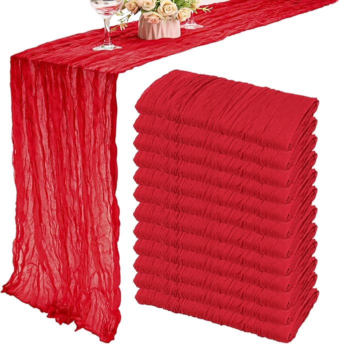 12 Pack 10Ft Cheesecloth Table Runner 35x120 Inch Boho Gauze Table Runner Rustic Cheese Cloth Long Romantic Table Runners for Wedding Bridal Shower Birthday Party Table Decor (Red)
