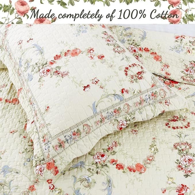Cozy Line Home Fashions Khaki Cream Yellow Floral Blooming 100% Cotton Reversible Quilt Bedding Set Coverlet Bedspread (Rose Romance, Twin - 2 Piece)