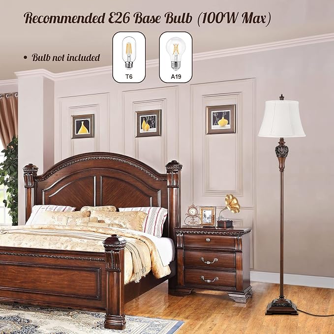 Sucolite Vintage Floor Lamp for Living Room, Traditional Farmhouse Tall Standing Lamp, Mid-Century Antique Pole Lamp for Bedroom Reading with White Fabric Shade, Rustic Bright Lighting Home Decor