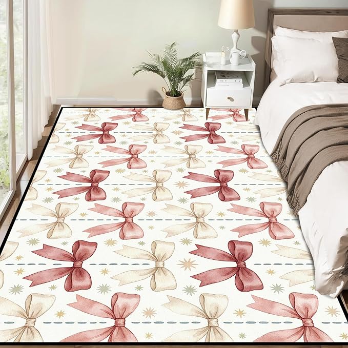 Pink Bowknot Area Rug 3'x5' Watercolor Coquette Aesthetic Non-Slip Washable Carpet for Entryway Bedroom Living Room Nursery Kitchen Playroom Home Decor Soft Low Pile Floor Mat