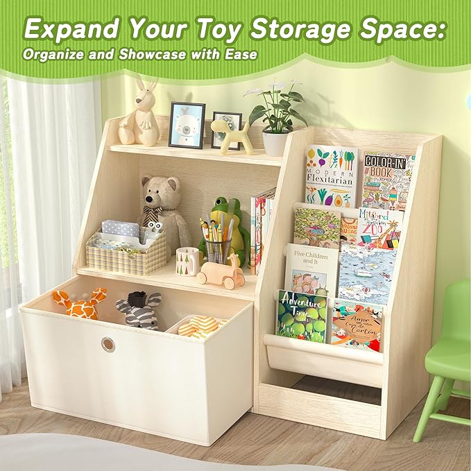 TOETOL Kids Bookshelf & Book Storage，4 Sling Wooden Toddler Book Shelf，2-Tier Wooden Open Bookcase & Storage Organizer Boxes for Nursery, Playroom, Bedroom