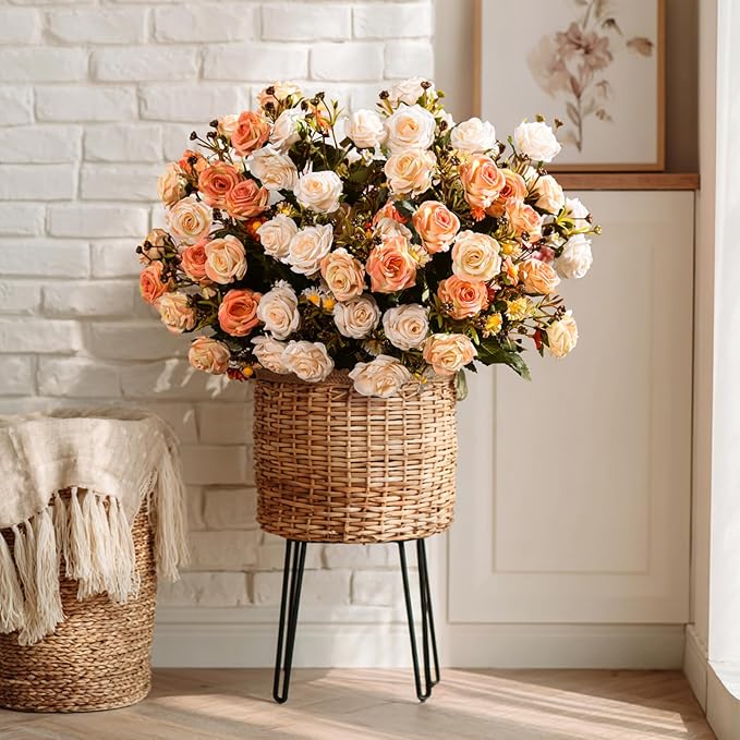 Artificial Rose Flowers for Outdoor 4 Bundles Rose Bouquet with Daisy Faux Flowers UV Resistant for Home Indoor Outside Garden Porch Window Box Balcony Yard Porch Decor (White+Orange)