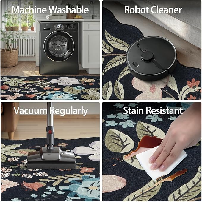 DCX Black Floral Rug 2x3, Washable Black Rug for Living Room, Kid & Pet Friendly with Rubber Back Non Slip, Soft Low Pile Carpet, Stain Resistant Rug for Bedroom, Nursery, Dining Room