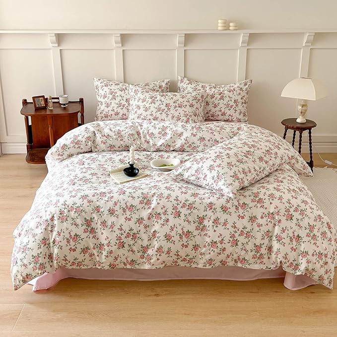 VM VOUGEMARKET Pink Floral Comforter Set Full 3 Pcs Vintage Peach Blossom Down Comforter with 2 Pillowcases All Season Soft Fluffy & Lightweight Comforter Set for Girls Women 80"x90"