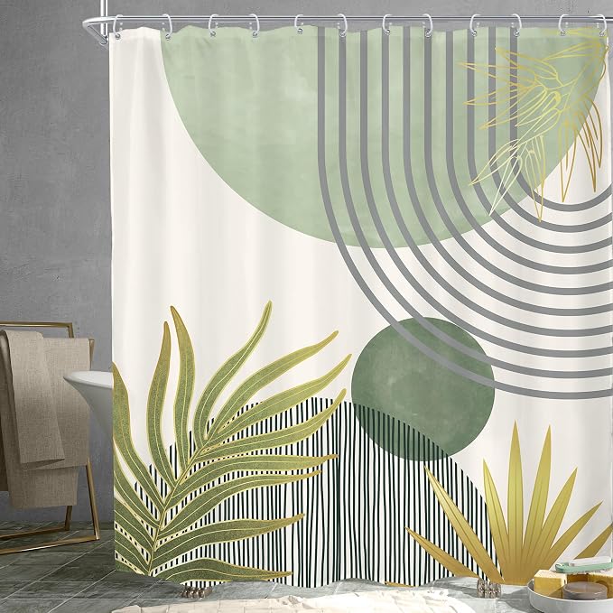KOMLLEX Mid Century Mint Green Boho Shower Curtain for Bathroom Decor 72Wx78H Inches Abstract Modern Plant Botanical Minimalist Arch Sun Neutral Fabric Waterproof Polyester 12 Pack Hooks