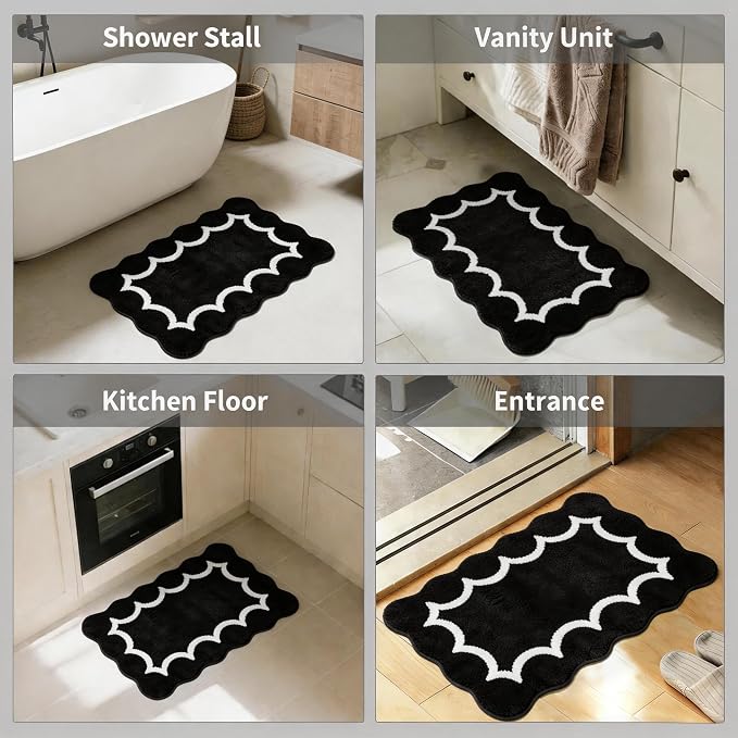 Scalloped Black Bathroom Rugs Mat,Shaggy Soft Non Slip Absorbent Quick Dry Bath Mats for Shower Room,Plush Microfiber Bath Rug for Bathroom Floor Carpet for Shower Tub Sink Bedroom,16"x24"