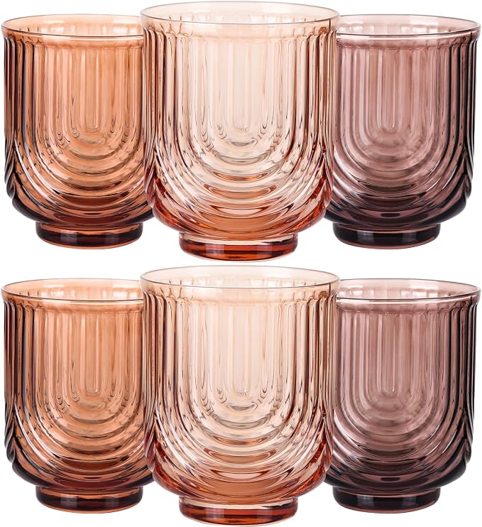 JOVGANK Amber Vintage Drinking Glasses Set of 6-14Oz Brown Glass Drinking Glasses, Art Deco Ripple Highball Glass, Whiskey Cocktail Glasses for Bar Coffee Juice, Housewarming and Mother's Day Gift