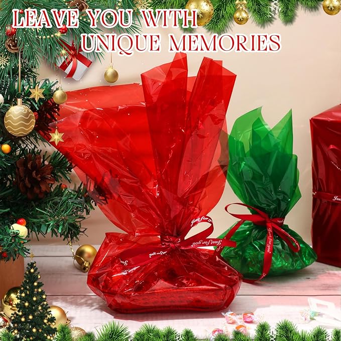 Cholemy 4 Rolls Christmas Cellophane Warp - 100ft Long x 31.5in Wide Green Red Transparent Cellophane Wrap 2.3 Mil Gift Basket Wrapping Paper Roll Plastic Wrap for Art Treats Christmas Decoration