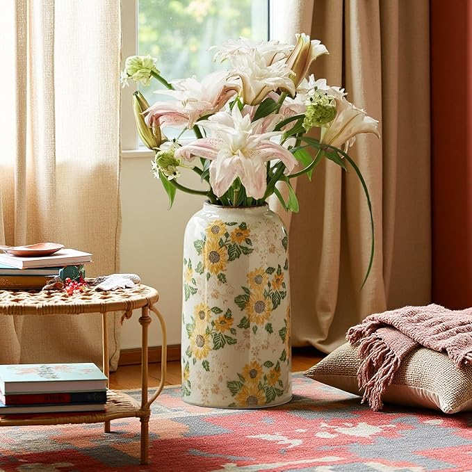 Vintage Pastoral Ceramic Vase, 10.6 inch Yellow and Beige Sunflower Floral Rustic Farmhouse Antique Retro Ice Cracked Chinoiserie Vases for Home Decor Living Room Tuscan Decor (Large)