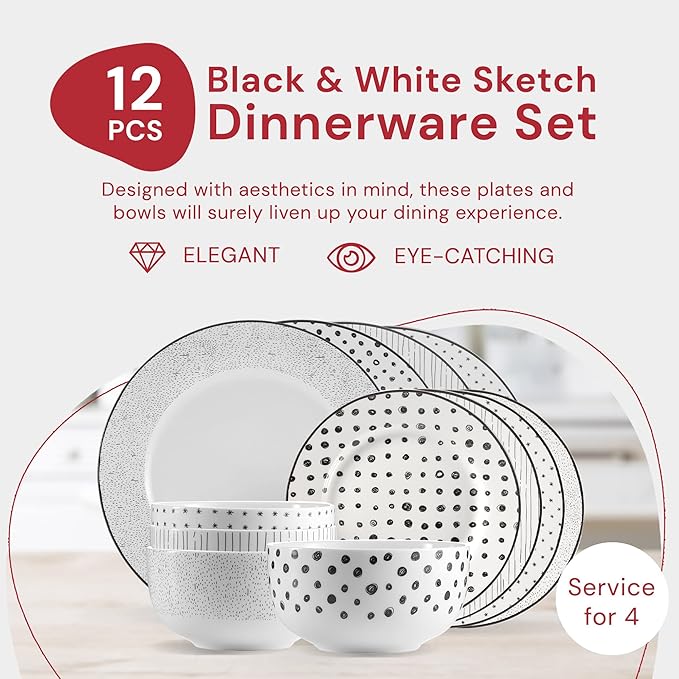 Safdie & Co. 12-Piece Black & White Sketch Dinnerware Set, Porcelain, Includes Plates, Bowls, and Serving Dishes, Dishwasher Safe