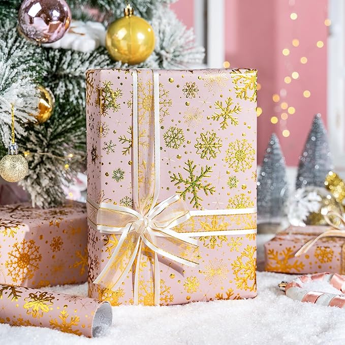 Flyhill Kraft Christmas Wrapping Paper,Snowflake Metallic Gold Embossed Foil Gift Wrap Roll, Pink and Gold Luxury Design for Holiday, Party,Celebration, New Year (17 Inch X 32.8 Feet)