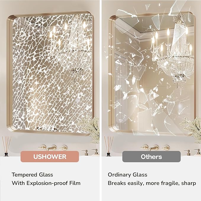 USHOWER Gold Bathroom Mirror 22"x30", Brushed Champagne Gold Rectangle Mirror for Over Sink, Aluminum Frame, Anti-Rust, Tempered Glass, Horizontal or Vertical Mounted