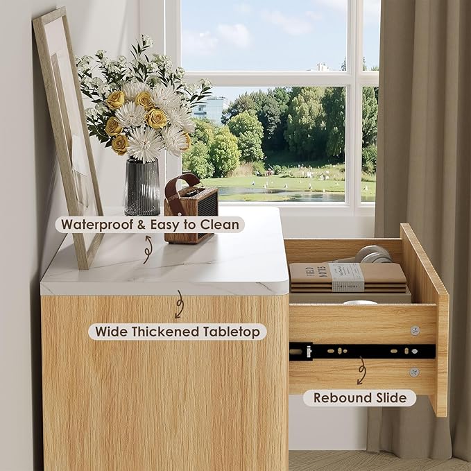 Fluted 5 Drawers Dresser for Bedroom, 47" Tall Handleless Chest of Drawers with Faux Marble Top, Curved Profile Design, Wood Drawer Organizerfor forLiving Room, Hallway, Entryway, Natural Oak