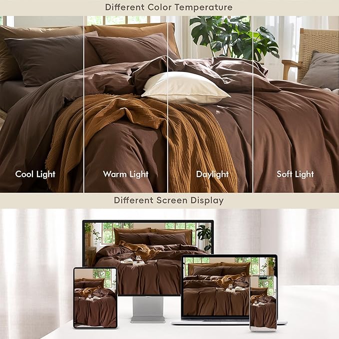 MooMee Bedding Duvet Cover Set 100% Washed Cotton Linen Like Textured Breathable Durable Soft Comfy (Solid Cocoa Brown, King 104"x90")