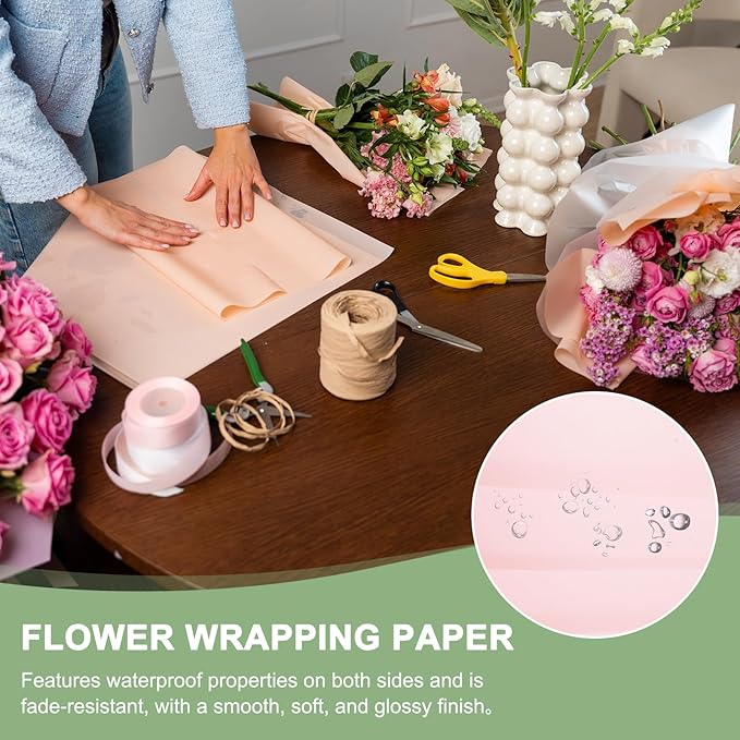 PATIKIL Flower Gift Wrapping Paper, 20 Sheets Double Sided Waterproof Bouquet Paper Wrap Florist Packaging Floral Papers for Wedding DIY Craft Valentine Mother's Day, Deep Pink