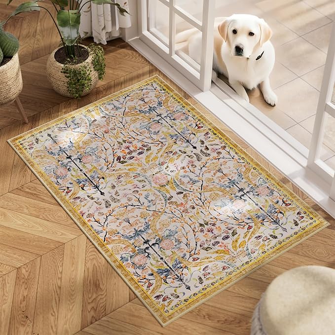 AMTOVO 2x3 Washable Indoor Welcome Door Mat, Vintage Boho Floral Distressed Print Non-Slip Area Rug, Small Throw Rugs for Entryway Indoor Entrance Kitchen Bathroom Laundry Bedroom Floor, Golden Yellow