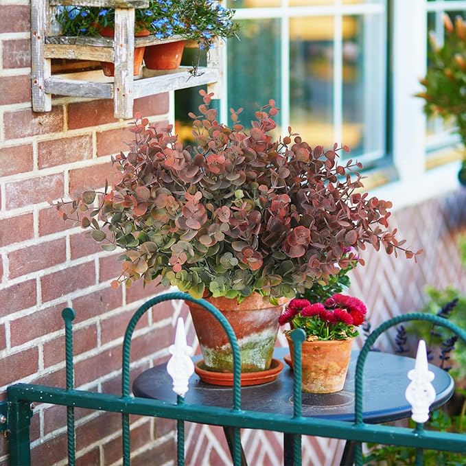 RECUTMS 12 Bundles Fake Bushes Artificial Plants Outdoor Faux Plant Eucalyptus Stems Fake Porch Plants for Farmhouse Bathroom Office Vase Centerpiece Indoor Outdoor Decor(Dusty Red)
