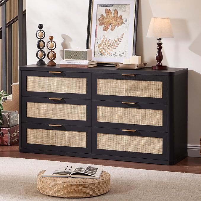 LEYAOYAO Rattan 6 Drawer Dresser for Bedroom Set of 2, Boho 54" Wide Black Dresser Chest of Drawers, Dressers TV Stand with Metal Handle, Storage Dressers Closet Organizer for Living Room, Hallway