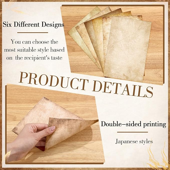 Supervitae 120 Pack Vintage Aged Stationery Paper, 8.27 x 5.51 Inch Double Sided Printing Old Antique Stationery Paper Decorative Letter Sheets for Writing Printing Crafts, 6 Designs