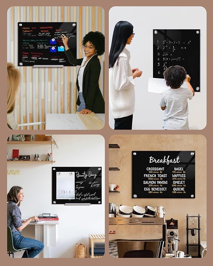 Mifuro Magnetic Glass Whiteboard，24"x18" Wall Mounted Frameless Dry Erase Board for Office, Home & School Black