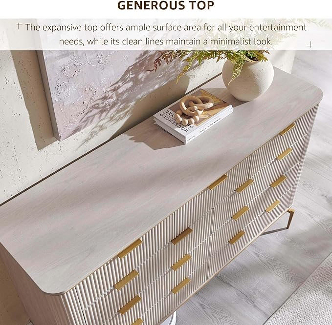 T4TREAM Fluted 9 Drawers Dresser, Modern Wooden Top Chest of Drawers with Curved Profile Design, Dresser TV Stand Drawer Organizers for Bedroom, Living Room, Hallway(White Alder)