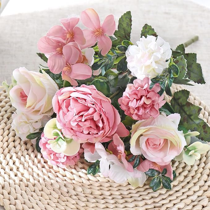 4 Bundles Pink Peonies Artificial Flowers Silk Flower Centerpieces for Tables Fake Flower Arrangements Bouquets Mixed Roses Hydrangea with Stems for Wedding Bridal Bouquets Home Table Decor