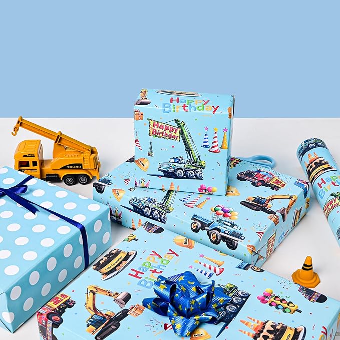 Altarho Reversible Construction Wrapping Paper Roll for Kids Boys - Blue Happy Birthday and Polka Dot Design Gift Wrap Sheets Supply for Baby Shower Party Decoration Total 28.5sq.ft