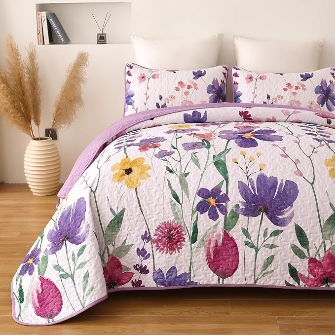 Anibedding Purple Quilt Set Full, Floral Pattern Microfiber Bedspreads Full Size 3 Pieces Lightweight Reversible Bedding Set with 2 Pillowcases(78"x90")