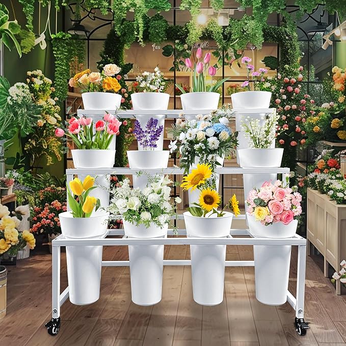 PROLEE Flower Display Stand with 12 Buckets, Flower Cart 3 Layers, Flower Stand Metal with Wheels, Moving Florist Bouquet Shelf, Rectangular Rack (White)