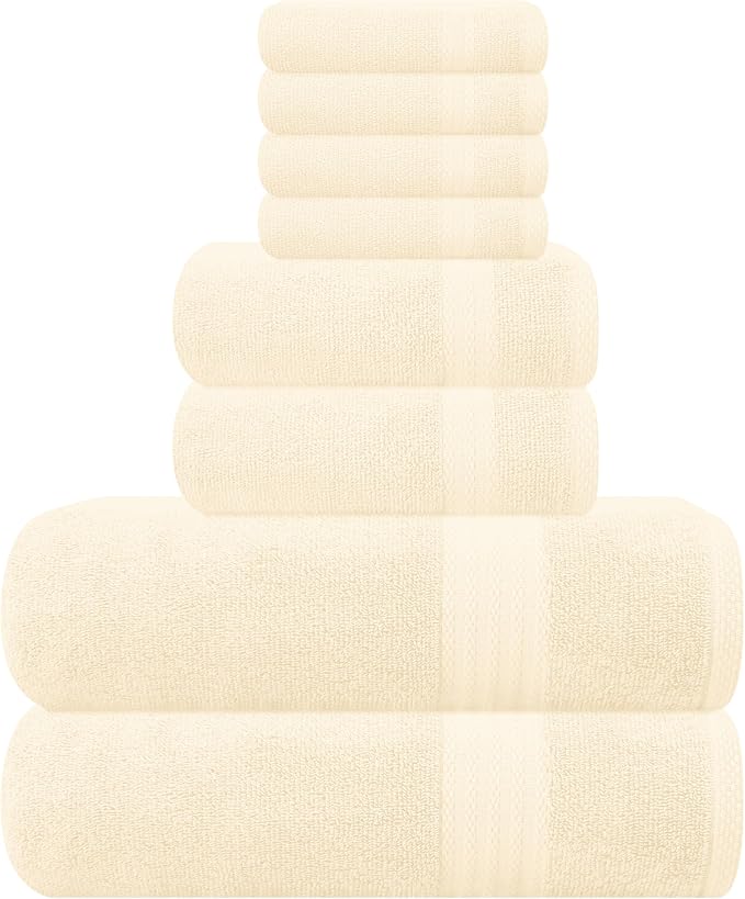 GLAMBURG Ultra Soft 8-Piece Towel Set - 100% Pure Ringspun Cotton, Contains 2 Oversized Bath Towels 27x54, Hand 16x28, 4 Wash Cloths 13x13 Ideal for Everyday use, Hotel & Spa Ivory Cream