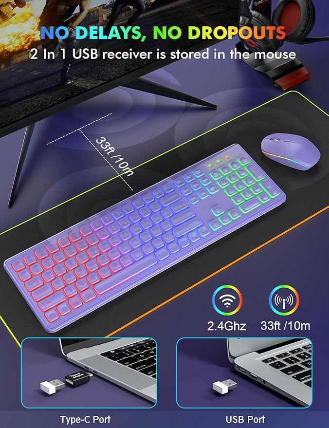 Wireless Keyboard and Mouse Combo, RGB Backlit, Rechargeable & Light Up Letters, Full-Size, Soft Typing, Sleep Mode, 2.4GHz Quiet Keyboard Set for Mac, Windows, Laptop, PC, Trueque (Purple)