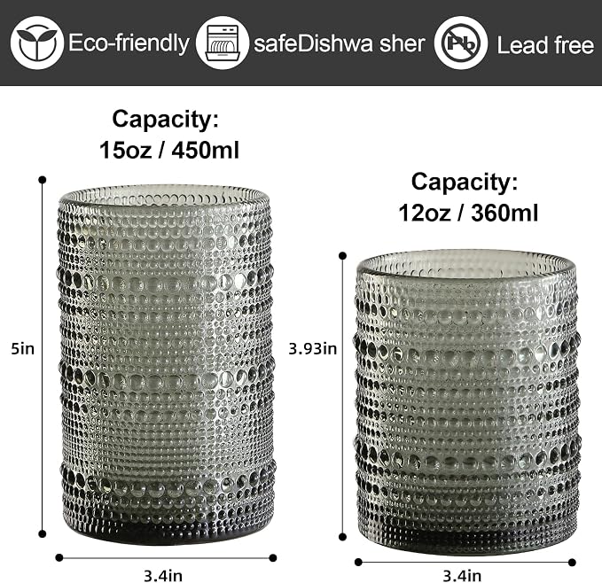 ZMOWIPDL Vintage Glassware Drinking Glasses Set of 12,Grey 12oz & 15oz Hobnail Glass Cups,Embossed Water Tumbler,for Beer,Cocktail,Whiskey,Juice and Various Mixed Drinks- 1 Cleaning Brush