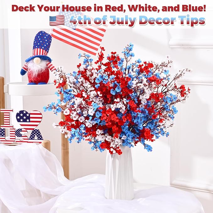 Yastouay 4th of July Artificial Flowers Decorations, 10 Pcs Red White and Blue Decorations, Fake Patriotic Babys Breath Flowers for Independence Day Decor Floral Arrangement