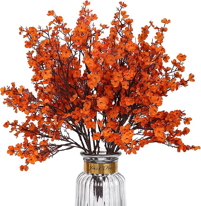 8Pcs Babys Breath Artificial Fake Fall Flowers, Real Touch Orange Plants Silk Flowers for Vase Home Office Wedding Indoor Outdoor Centerpiece Table Party Autumn Christmas Decorations