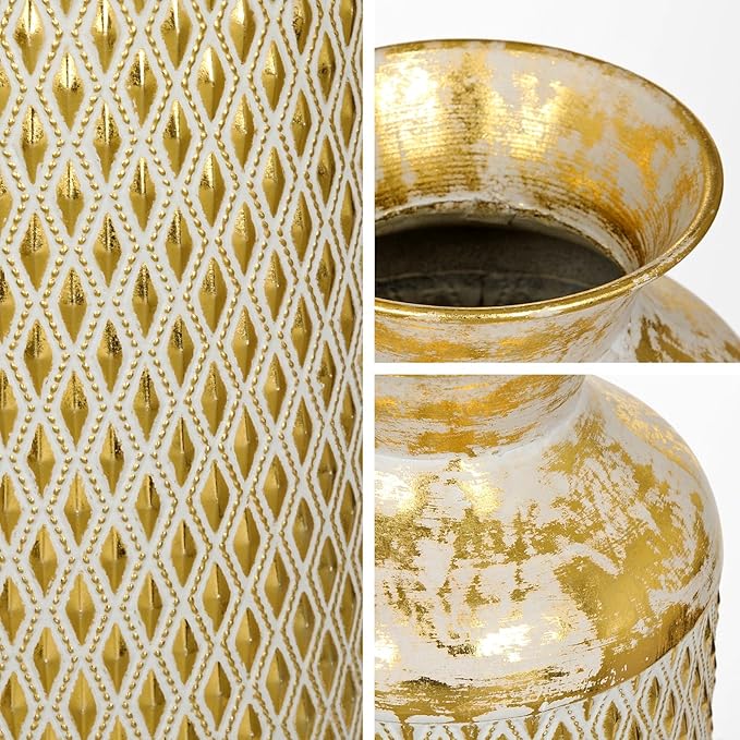 Flower Vase Rustic Metal Vases, 16" Gold Vintage Pattern Vase for Farmhouse Home Décor Artificial Flowers and Centerpieces