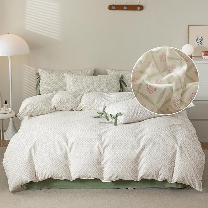 LifeTB Pink Floral Comforter Set Queen Plaid Grid Cute Flower Comforter 3 Pieces Cottagecore Bedding Comforter Aesthetic Flowers Boho Comforter with 2 Bowknot Pillowcases Farmhouse Bedding Set