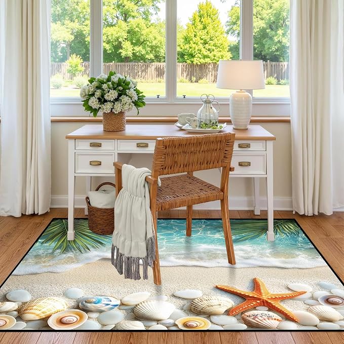 3'x5' Beach Rug Starfish Seashell Area Rugs for Entryway Bedroom Living Room Kitchen Home Decor Ocean Sea Wave Carpt 3D Non Slip Washable Throw Rug Coastal Seaside Floor Mat