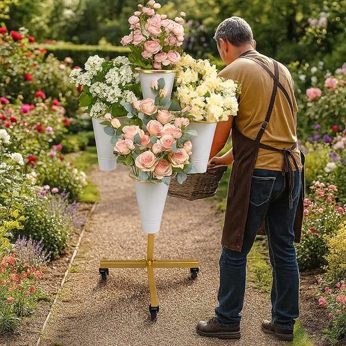 Flower Display Stand with Buckets - Flower Cart with Wheels for Bouquet Shop, Metal Flower Rack Display Stand for Wedding Garden, Party, Events (Gold, Round buckets)